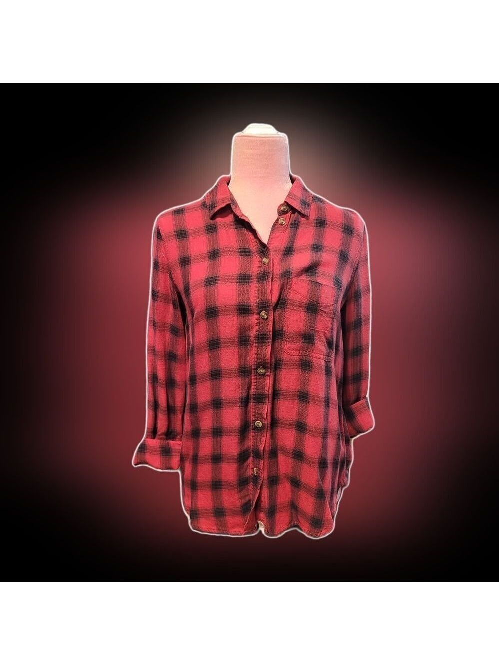American Eagle Boyfriend Red/Black Plaid Button-down 3/4 sleeve Sz Small